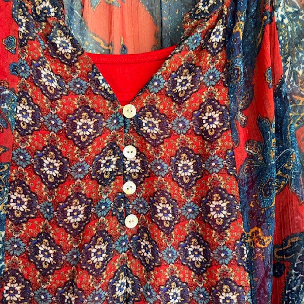 Figueroa & Flower Semi Sheer Womens XL Boho Tunic Blouse Buttons V Neck Camisole - Picture 2 of 11